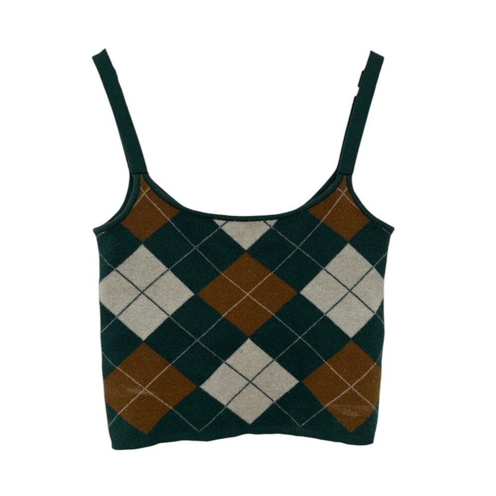 Willow & Wind Argyle Cropped Sweater Tank Top Small Preppy Light Academia Retro
